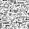 Black French seamless pattern, france background, doodle hand drawn croissant, paris decoration, cafe banner