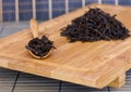 Black friable tea in a wooden spoon and on a wooden tray