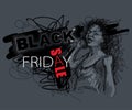 Vector chaos scribble girl with Black Friday sale text in red and white on the gray background. Poster with scribble girl. Royalty Free Stock Photo