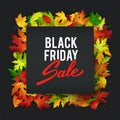 Black friday advertisement banner with realistic autumn leaves, vector illustration Royalty Free Stock Photo