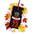 Black friday advertisement banner, tag with realistic autumn lea