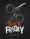 Black Friday advertising banner with big percent sign made of weels and gas gun with volume typography