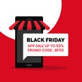 Black Friday app sale discount promotion social media poster background graphic template. Smartphone icon with striped store