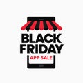 Black Friday app sale discount promotion social media poster background graphic template. Smartphone icon with striped store