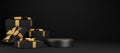 Black Friday background with gift box and podium. Christmas and holiday sale design mockup. Xmas present with golden ribbon and