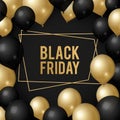 Black friday background. Gold balloons, sale shopping days banner template. Season discount poster design with golden