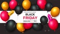 Black friday banner, cyber monday sale poster. Red and golden balloons, confetti border, 3d gift decoration, horizontal Royalty Free Stock Photo