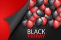 Black Friday banner design template. Big sale advertising promo concept with balloons, peeling off wrapping paper and typography