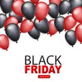 Black Friday banner design template. Big sale advertising promo concept with balloons, shop now button and typography text. Royalty Free Stock Photo