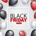 Black Friday banner design template. Big sale advertising promo concept with balloons, shop now button, and typography text. Websi Royalty Free Stock Photo