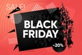 Black Friday banner. Discount and sale label. Abstract explosion shape with black particles. Bang futuristic design