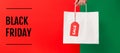 Black Friday banner. Female hand holding white blank paper shopping bag with Sale price tag on red and green background Royalty Free Stock Photo