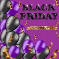 Black Friday banner. November 25. Black letters on a purple background with a black and violet balloons and serpentine.