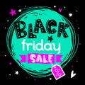 Black Friday banner or print with hand drawn text. Sale poster. Vector illustration. Discount design. Circle composition.