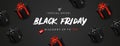 Black Friday banner with realistic black gift boxes. Vector illustration