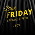 Black Friday banner. Special offer. Fifty percent off. Dark style. Realistic black curtain background. Vector.