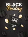 Black friday banner template. Voucher card cash back design with coupon code promotion. Premium special price offers