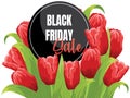 Black friday big sale card with red tulips.Vector illustration. Template banners, Wallpaper, flyers, invitation, posters, brochure Royalty Free Stock Photo