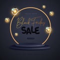 Black friday big sale poster with 3D black plastic podium, neon arch and electric lamps.