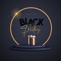 Black friday big sale poster with 3D black plastic podium, neon arch and gift box.