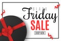 Black Friday. Big sale. Round black box with a red ribbon and a bow in a frame. Greeting card. Red serpentine. Top view. For your Royalty Free Stock Photo