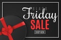 Black Friday. Big sale. Round black box with a red ribbon and a bow in a frame. Greeting card. Top view. For your design. Vector i Royalty Free Stock Photo