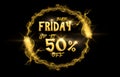 Black Friday border 50% off. Golden tail with gold particles and smoke. Circle frame with space for text. Sparkling golden frame Royalty Free Stock Photo