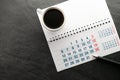 Black Friday, calendar, pen and cup with coffee free space Royalty Free Stock Photo