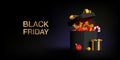 Black Friday Christmas sale. 3D gift box. Open gold present container with festive toys. Xmas holiday card. Happy luxury
