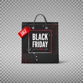 Black Friday concept. Black paper bag with tag Sale and discount offer. Black friday banner template. Vector illustration Royalty Free Stock Photo