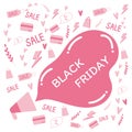 Black Friday concept. Pink doodles elements of shopping and the black Friday speech bubble. For advertising, borders, banners,