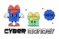 Black friday, cyber monday and sale. Cute character gift box with a face. Design for poster, banner and cover for kids