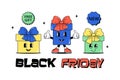 Black friday, cyber monday and sale. Cute character gift box with a face. Design for poster, banner and cover for kids