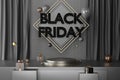 Black Friday. 3d text on the left with blue and yellow backlighting on a dark background with spheres. 3d render Royalty Free Stock Photo