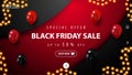 Black Friday discount banner with large decorative circle on background. Discount red and black banner for website with button.