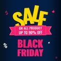 Black Friday event sale modern banner with pink ribbon on dark background. Advertising campaign concept.