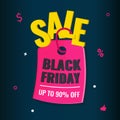 Black Friday event sale modern banner with pink tag on dark background. Advertising campaign concept.