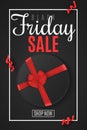 Black Friday flyer. Big sale. Round black box with a red ribbon and a bow in a frame. Greeting card. Red serpentine. For your desi Royalty Free Stock Photo