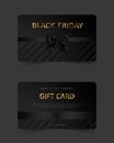 Black Friday gift card. Commercial discount coupon. Black background with gold lettering.