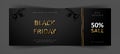 Black Friday gift voucher. Commercial discount coupon. Black background with gold lettering.