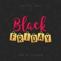 Black friday gold lettering handmade banner discount sale. Black friday label promo poster with shopping bag