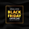 Black friday golden glow color text with wave black fabric texture background