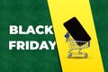 Black Friday on green grass and shopping cart and a phone on yellow background