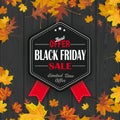 Black Friday Hexagon Emblem Ribbons Autumn Foliage Black Wood Royalty Free Stock Photo