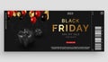 Black friday horizontal sale banner with realistic glossy balloons, gift box and discount text on black background Royalty Free Stock Photo