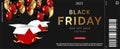 Black friday horizontal sale banner with realistic glossy balloons, gift box and discount text on black background Royalty Free Stock Photo