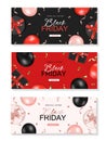 Black friday horizontal sale banner set with realistic glossy balloons, gift box and ribbon text on background. Vector Royalty Free Stock Photo