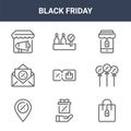 9 black friday icons pack. trendy black friday icons on white background. thin outline line icons such as bag, balloon, bottle .