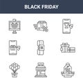 9 black friday icons pack. trendy black friday icons on white background. thin outline line icons such as discount, gifts, package Royalty Free Stock Photo