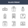 9 black friday icons pack. trendy black friday icons on white background. thin outline line icons such as laptop, box, gift box . Royalty Free Stock Photo